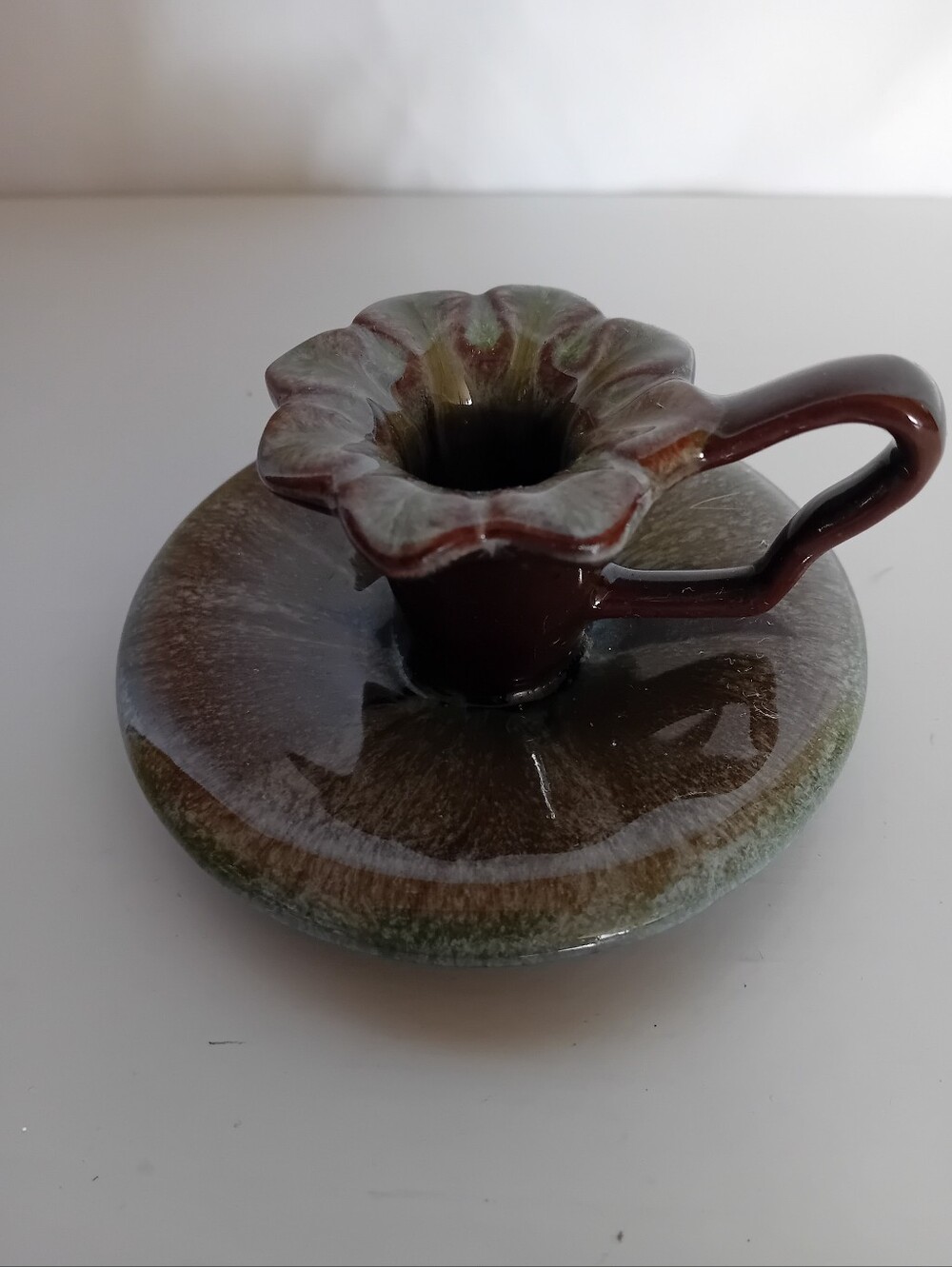 Vintage Canadian Pottery Ceramic Brown and Green Glazed Candle Holder BMP